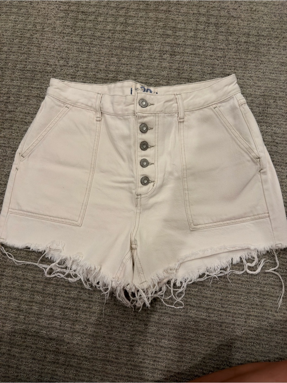 Free People Button-Front Frayed Hem Denim Shorts - Cream